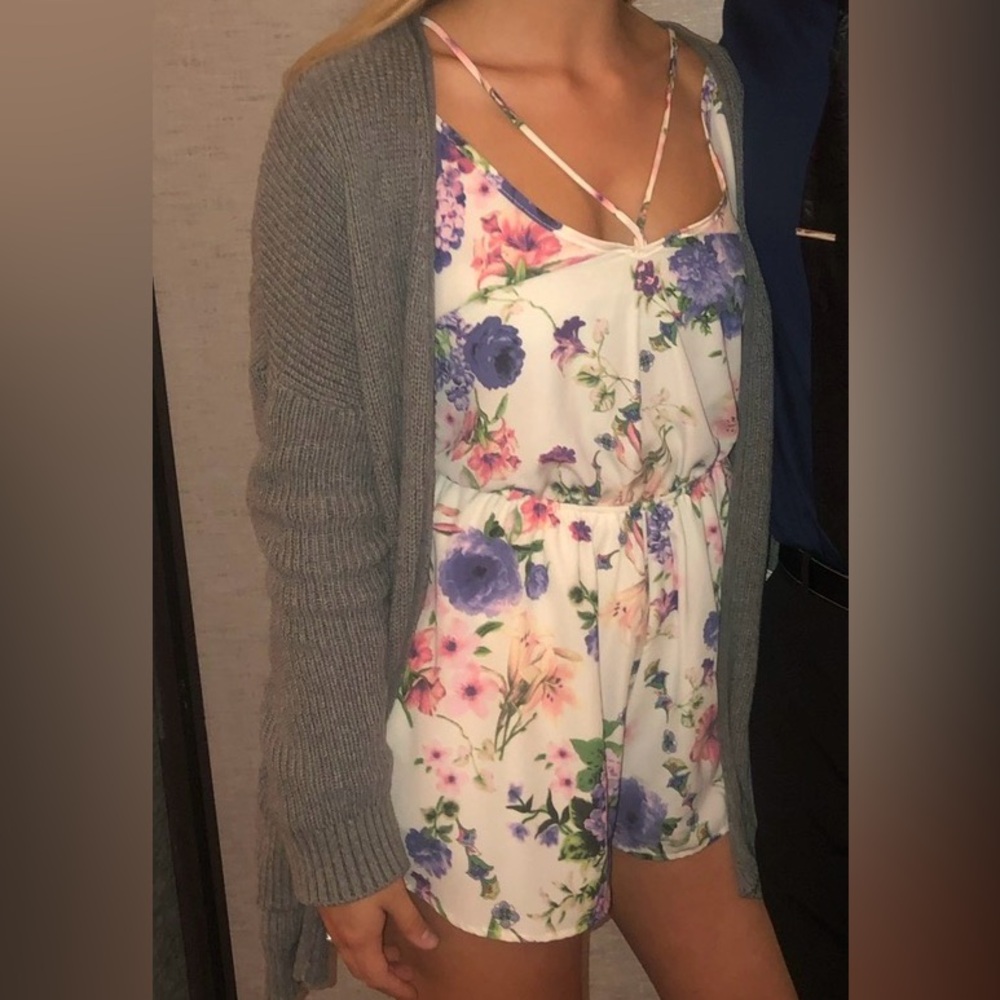 Dainty Hooligan Cream Floral Romper with Purple and Pink Flowers